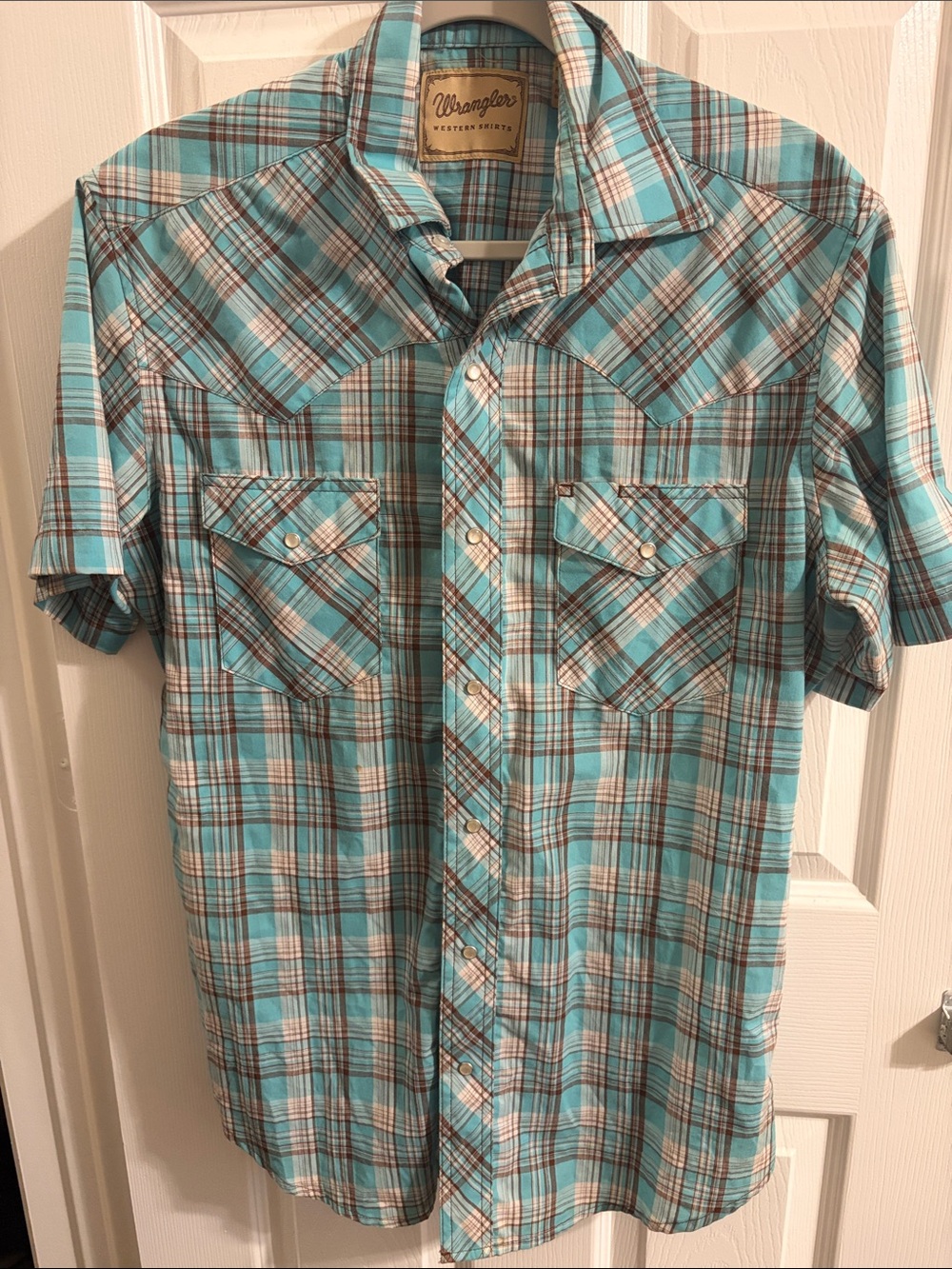 Wrangler Men’s Short Sleeve Plaid Shirt - Turquoise and White with Brown Accents